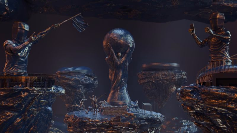 World Cup trophy between two stylised bronze officials with faceted heads, one holding a flag and one a card