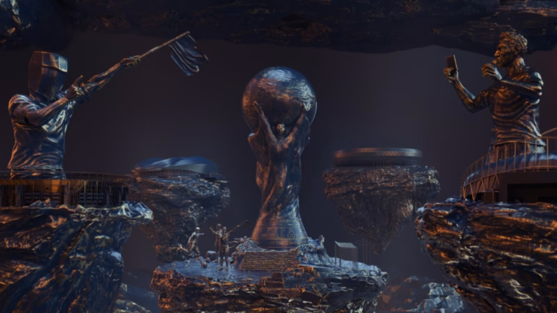 Wide Qatar 2022 scene with a central bronze World Cup trophy, football officials and stadiums on floating rock platforms