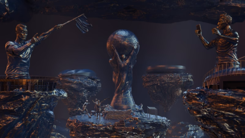 World Cup trophy surrounded by bronze referees and floating rocky platforms in the Qatar 2022 broadcast graphics