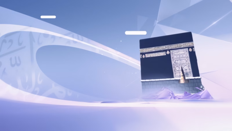 Eid Al-Adha — the Kaaba in a pale blue and violet 3D scene with sweeping ribbons and Arabic calligraphy
