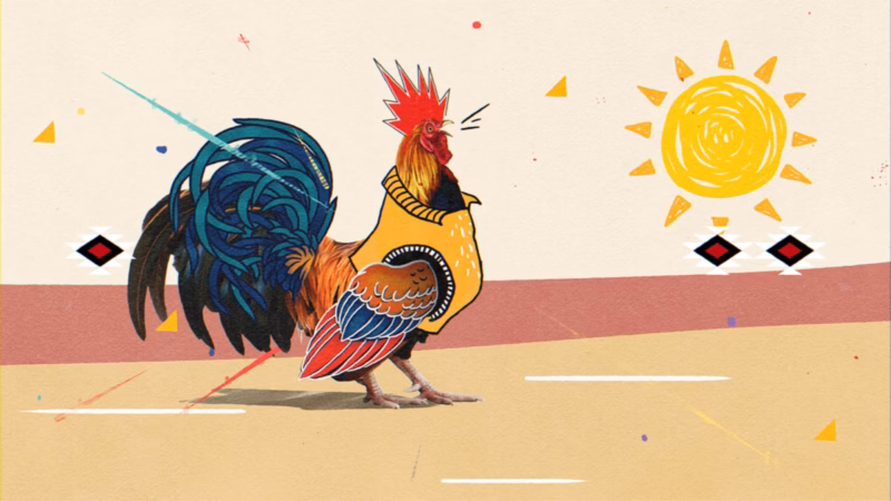 Good Morning Kuwait — Illustrated rooster and rising sun