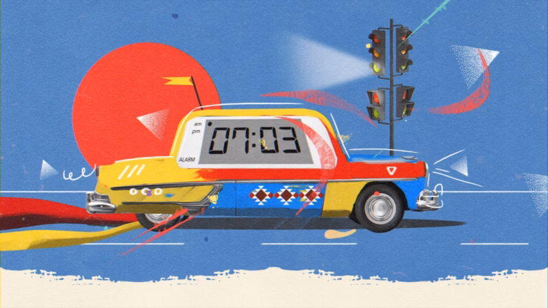 Good Morning Kuwait — Colorful taxi with a digital clock