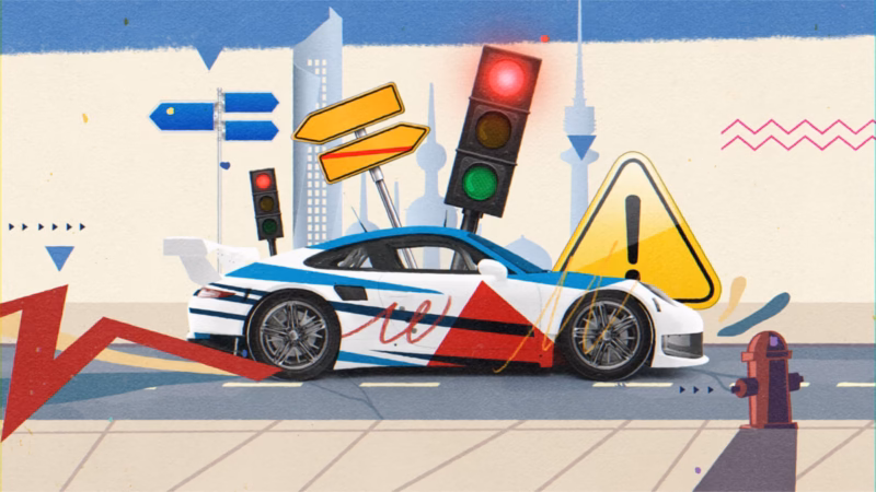 Sports car with traffic lights, road signs and Kuwait landmarks in a colourful Good Morning Kuwait street collage