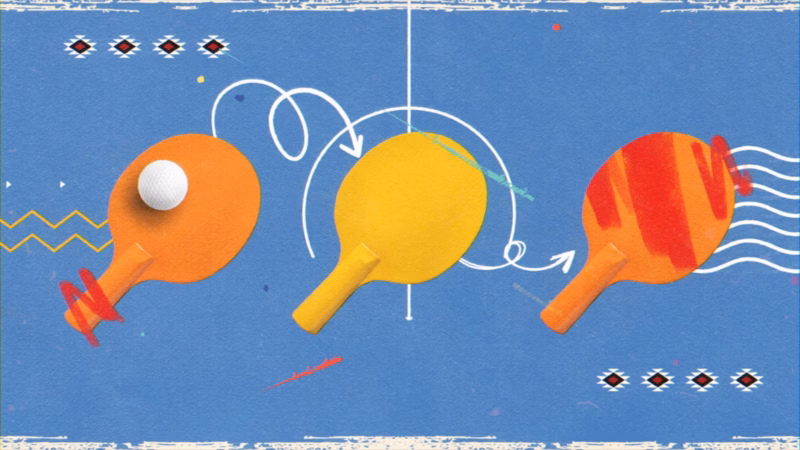 Three colourful table tennis paddles with a white ball and hand-drawn motion arrows in Good Morning Kuwait artwork