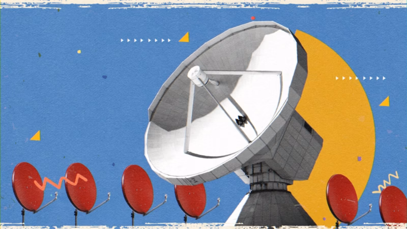Large white satellite dish and smaller red dishes against a blue and yellow collage background for Good Morning Kuwait