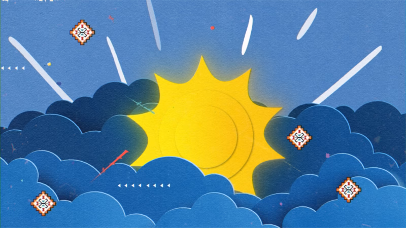Yellow sun emerging between layered blue clouds and geometric motifs in the Good Morning Kuwait graphics package