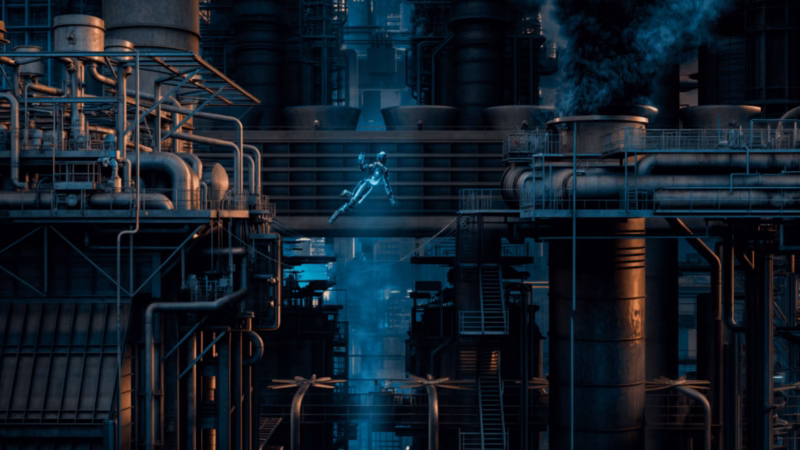 Ecliptica — dark industrial structures surrounding a blue-lit passage