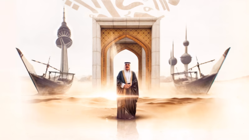 Wa Anta Laha — the Amir of Kuwait beneath an ornate arch, framed by dhows and Kuwait landmarks