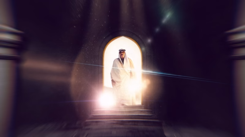 Wa Anta Laha — the Amir of Kuwait in white traditional dress at a glowing arched doorway