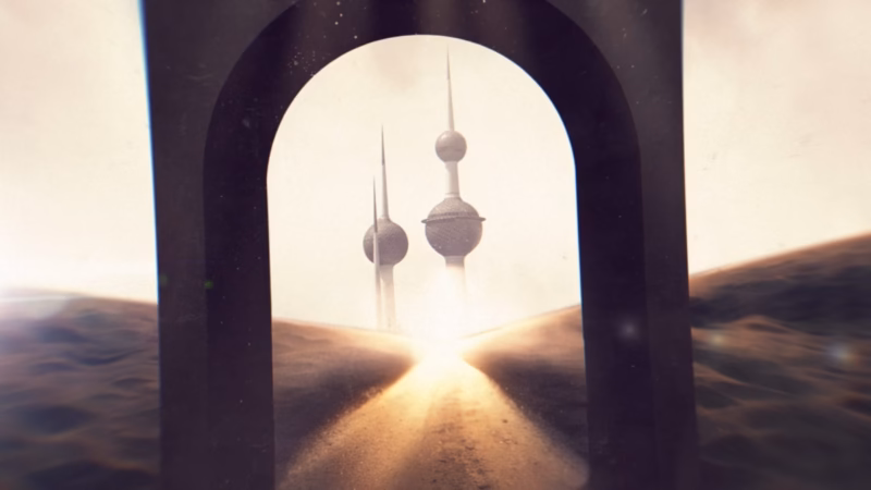 Wa Anta Laha — Kuwait Towers seen through a dark arch across sunlit sand dunes
