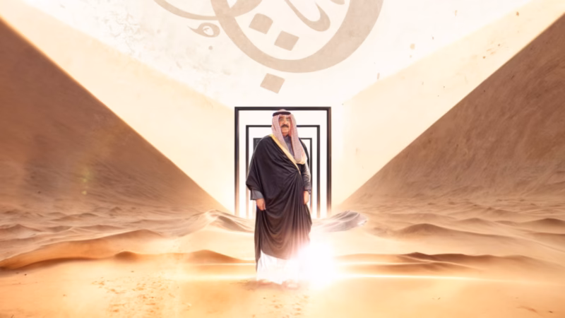 Wa Anta Laha — the Amir of Kuwait in a black bisht among sand dunes and repeating rectangular frames